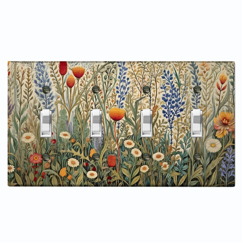 Couvercle de plaque d'interrupteur en métal; Bascule à 4 bandes US standard - prairie de fleurs sauvages rustique