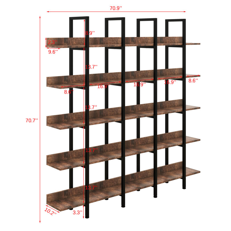 5 Tier Bookcase With Metal Frame, Open Book Display Shelf, Vintage Industrial Bookshelf, MDF Board Storage Organizer Rack