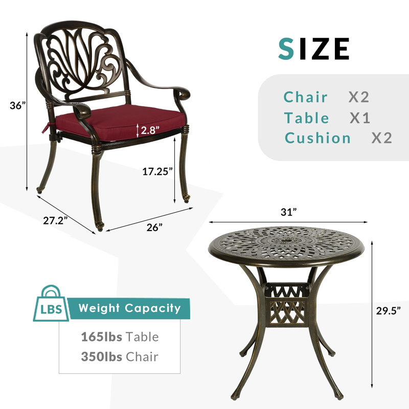 2 - Person Patio Dining Set with Round Table , Cushions Included, Chili Red