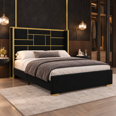 Velvet Upholstered Wingback Platform Bed with 55" Tall Headboard, King Size