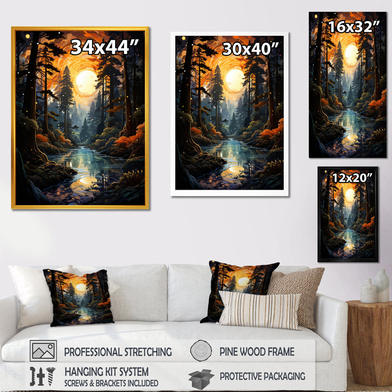 «Moonlight River Retreat Into The Forest III» - art mural forêt et rivière, Cadre flottant noir, H 20 po x l 12 po x P 1 po