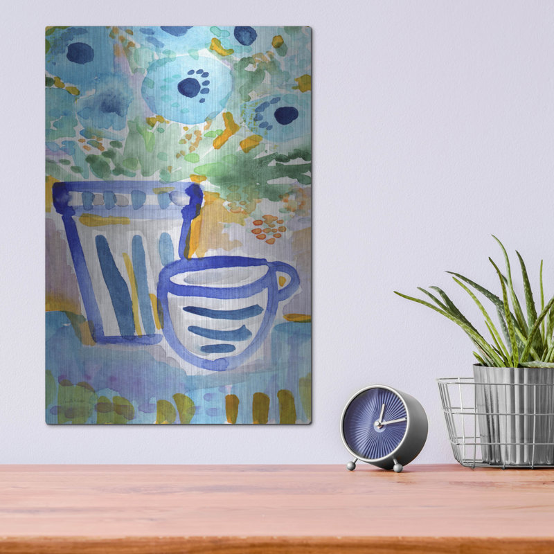«Tea And Flowers I» par Linda Woods, art mural en métal, H 16 po x l 12 po