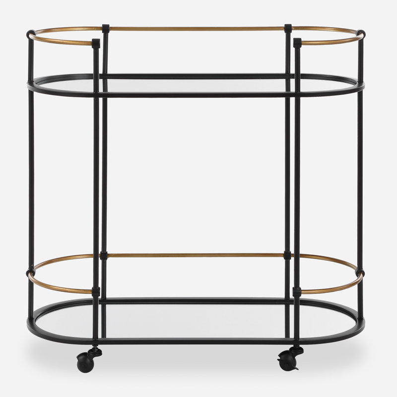 Oval Black Iron Bar Cart with Mirrored Shelves