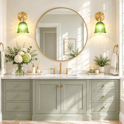 Ensemble de 2 appliques murales rechargeables à DEL avec télécommande, lumière sans fil à piles avec abat-jour en verre fleur nervuré vert, 12 couleurs RVB à intensité variable 3000K-6000K, ampoules incluses