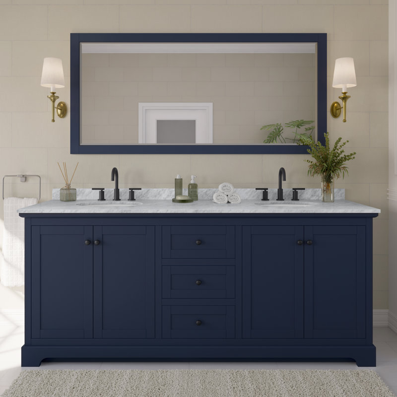 Avery 80'' Double Bathroom Vanity with Marble Top, Dark Blue, Matte Black