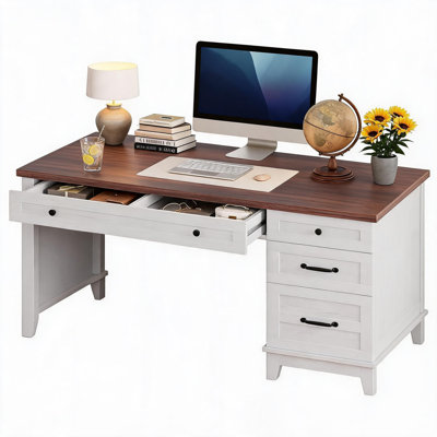 53.5" Executive Desk with Drawers, Farmhouse Home Office Desk with Charging Station & File Cabinet, 4 Storage Drawers Wooden Computer Desk with Power Outlet for Work Study Writing.