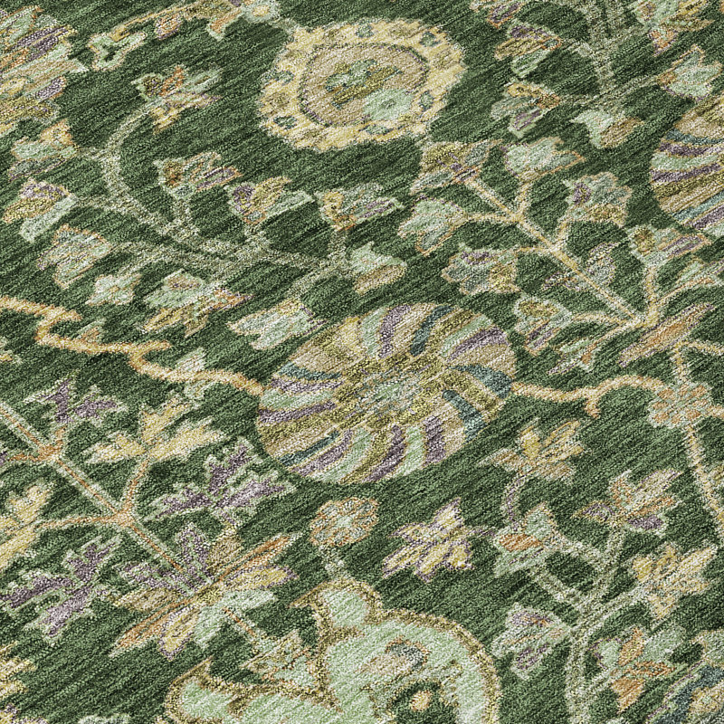 Green Floral Pattern Machine Washable Indoor Outdoor Rug