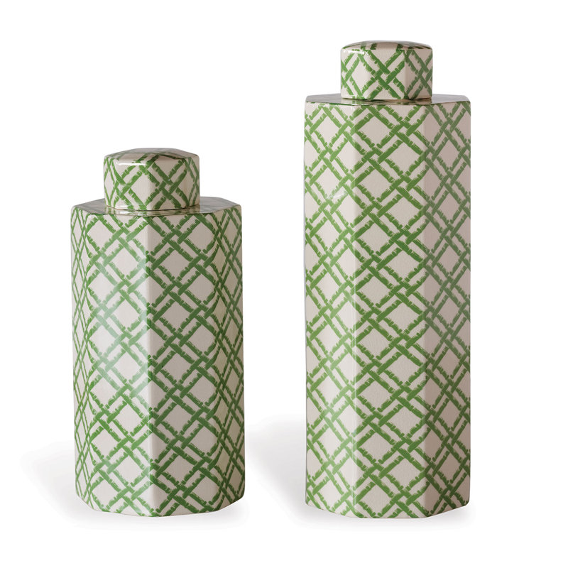 Bamboo Trellis White/Green Porcelain Jar, 16" H x 7.5" W x 7.5" D
