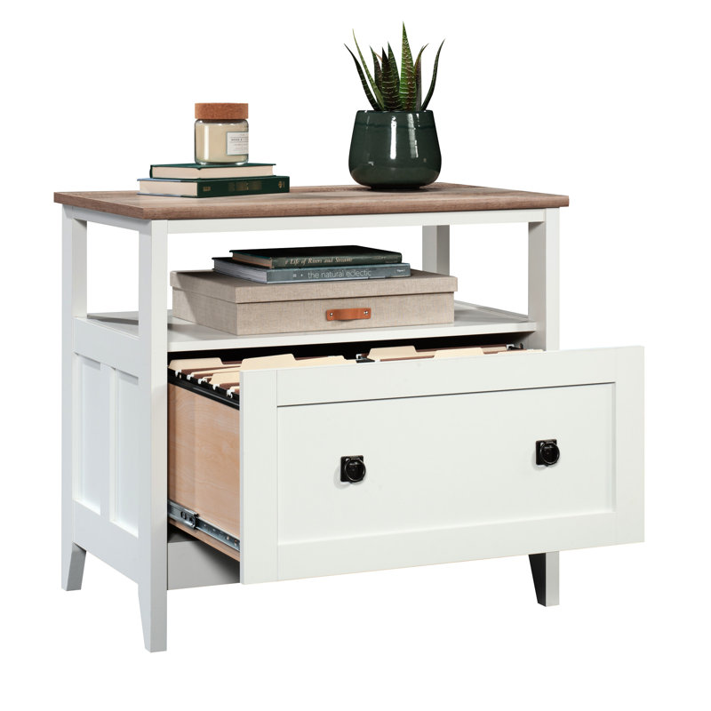 Classeur latéral moderne blanc avec tiroir sécurisé et détails en bois, grand pour plusieurs tailles, tablette supplémentaire avec rangement ouvert, pièces polyvalentes à extension complète, espaces
