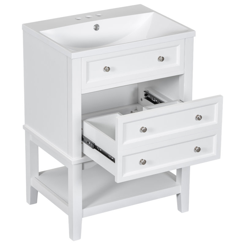 Meuble-lavabo de salle de bain avec lavabo, armoire de rangement avec tiroir et tablette ouverte, structure en bois massif, blanc