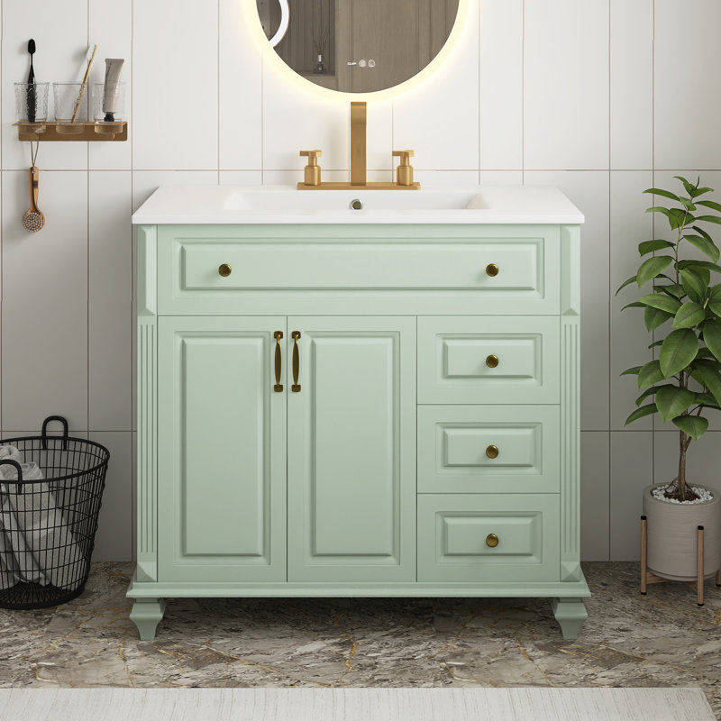 Meuble-lavabo vert moderne en MDF de 36 po avec lavabo en céramique, armoire de salle de bain en bois massif avec tiroir rabattable, 3 tiroirs et 2 portes, avec poignées en métal doré