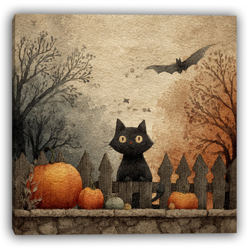 «Black Cat and Pumpkins at Dusk», art mural sur toile tendue
