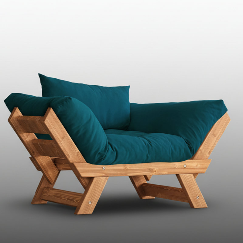 Canapé convertible d'extérieur en bois de pin 1 place avec coussins en lin imperméables, Vert essence, Teck