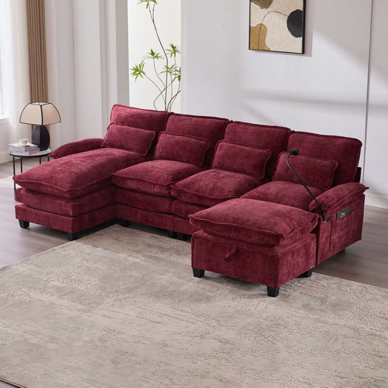 Canapé modulaire en U en chenille de 106 po, Rouge vin