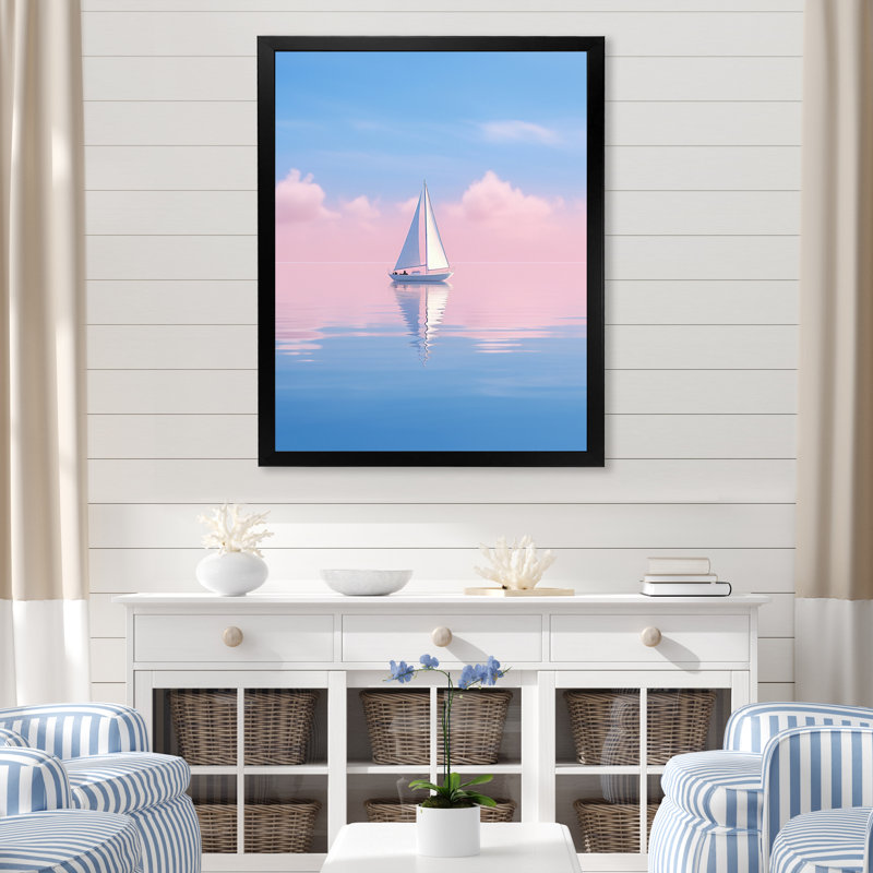 «Solitaire voilier tranquillité pastel coucher de soleil I» sur toile, H 32 po x l 16 po x P 1 po, Cadre simple noir