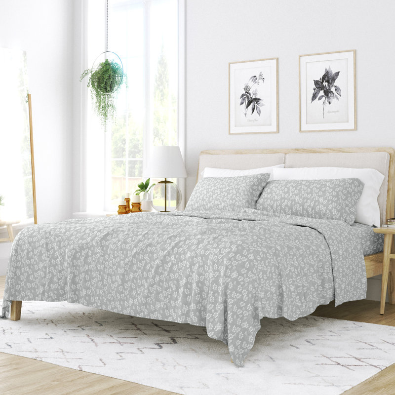 Gray Floral Print Microfiber Full Sheet Set