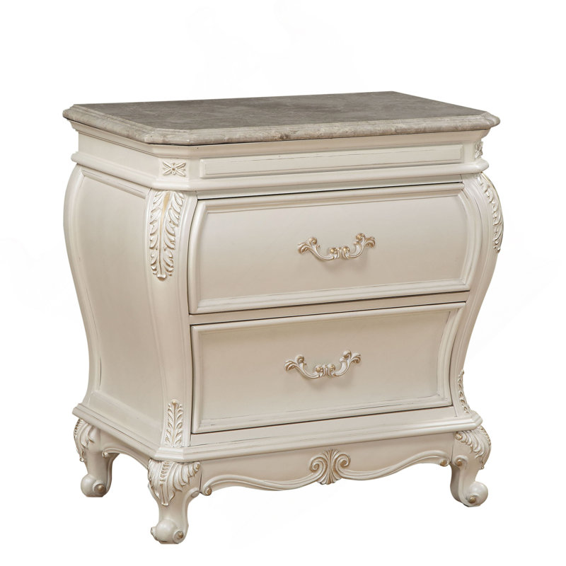 Table de chevet 2 tiroirs Pearl White avec pieds Queen Anne