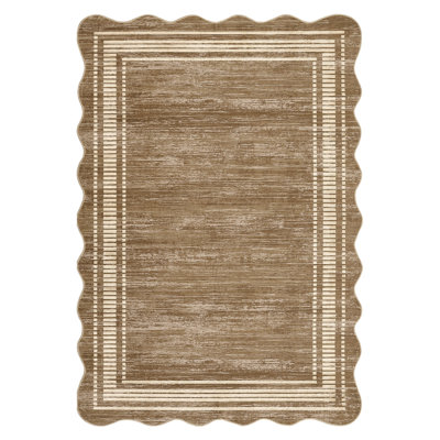 5 x 7 ft Polyester Light Brown Rectangular Machine Washable Geometric Bordered Living Room Bedroom Dining Room Machine Washable Area Rug