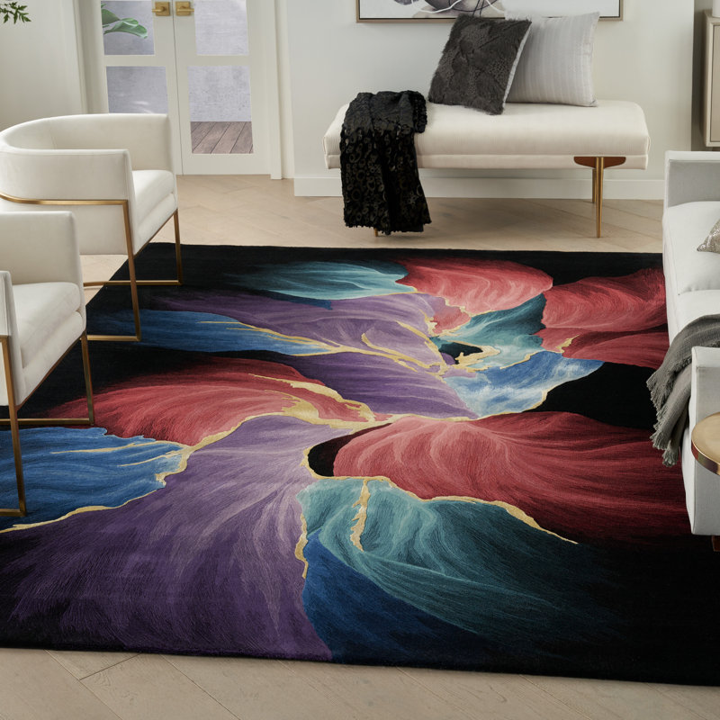 Handmade Hand Tufted Rectangle Viscose Area Rug in Red/Purple/Blue, Rectangle 7'9" x 9'9"
