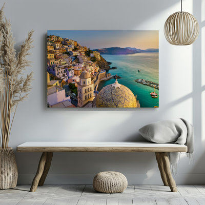 Toile, scène côtière pittoresque représentant un charmant village méditerranéen, art mural perché sur une colline avec art mural sur toile de couleur pastel