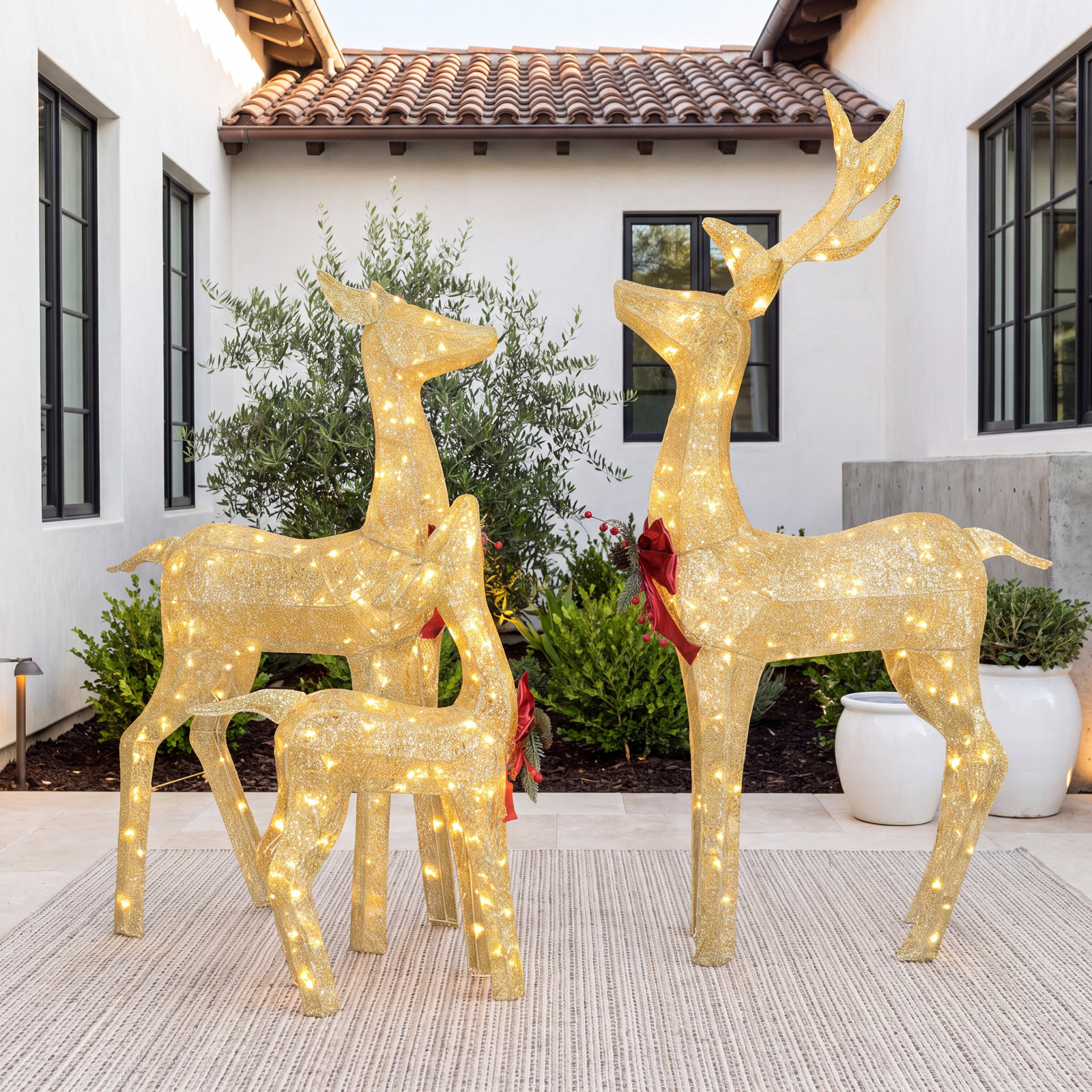 Gutierrez 3-Piece Lighted Deer Display Set, Gold/Red