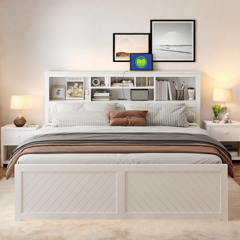 Lit plateforme en bois avec tête de lit multi-rangement, USB et 2 tiroirs, Blanc