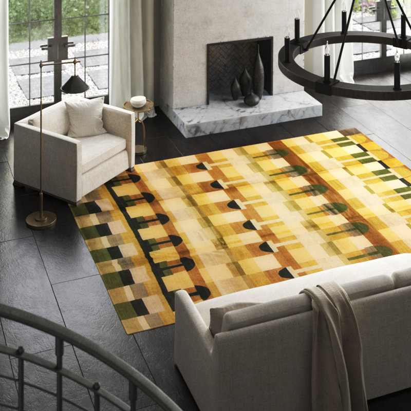 Carlisle Wool Geometric Area Rug in Green/Yellow, Rectangle 10' x 14'