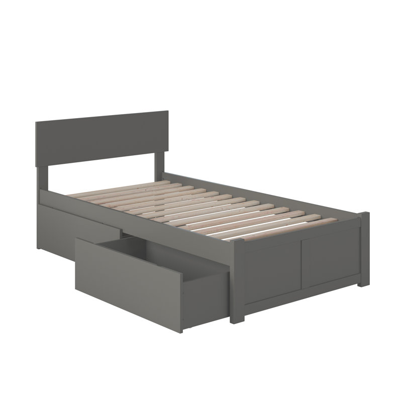 Lit plateforme en bois massif avec pied de lit et tiroirs de rangement Daurice, Simple, Gris