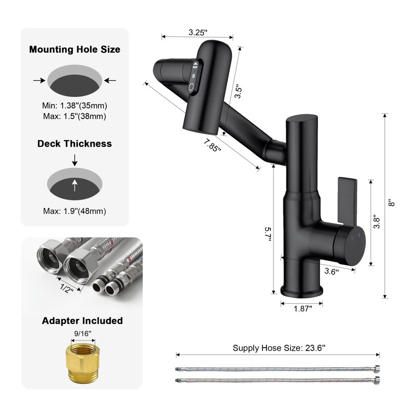 Lefton Rotatable Bathroom Faucet Bf2204 With Pop-up Sink Drain Stopper Without Overflow D01, Matte Black