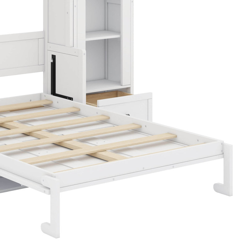 Grand lit escamotable grand format avec armoires de rangement, tiroirs, éclairage DEL et tablettes, Blanc