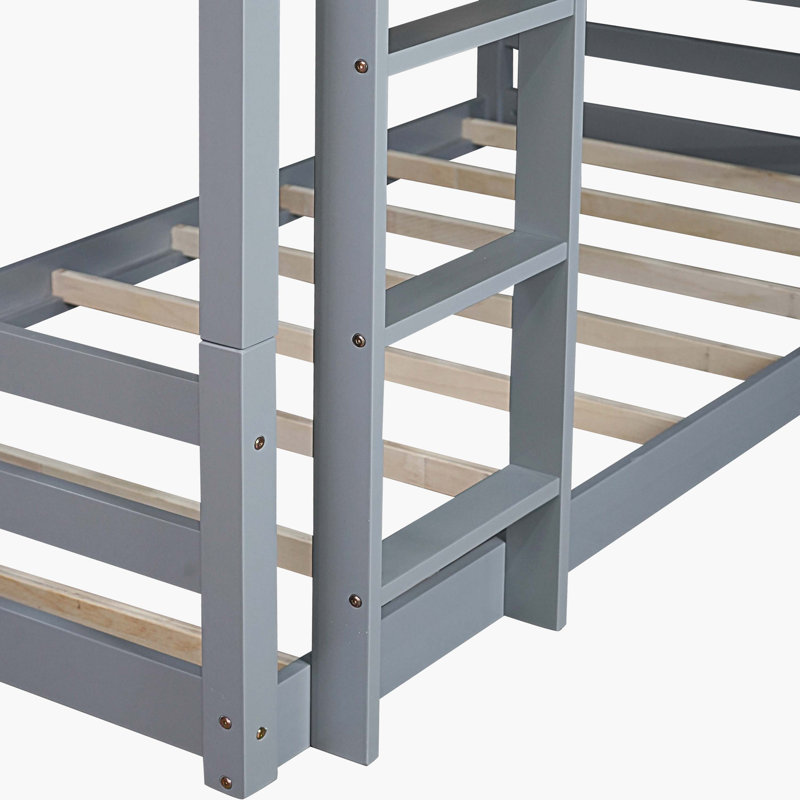 Natural Rubber Wood Triple Watsons Bunk Bed Featuring Two Built-In Ladders, Guardrails, And Detachable Design, Gris