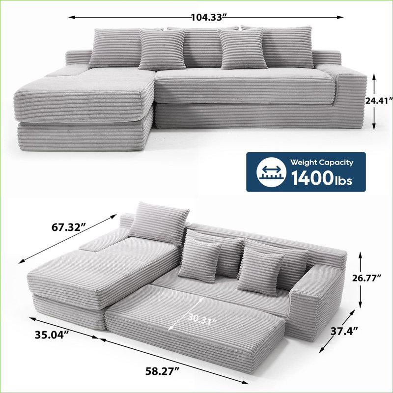 Sectional Sofas | L-Shaped Memory Foam Convertible Sofa Bed, No Assembly, Living Room Apartment | Light Gray | Fabric