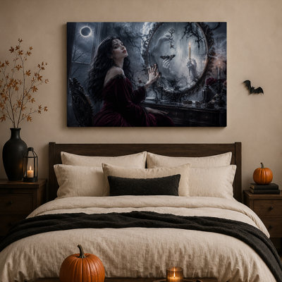 Femme fantastique foncée en robe rouge devant un miroir orné - Toile murale d'Halloween