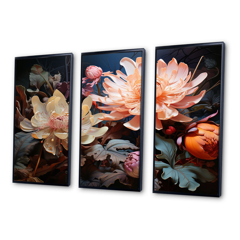 Pink And Beige Surreal Flora Botanical Splendor - Plants Canvas Wall Art Set, 40" H x 60" W x 1" D, Black Floater Framed