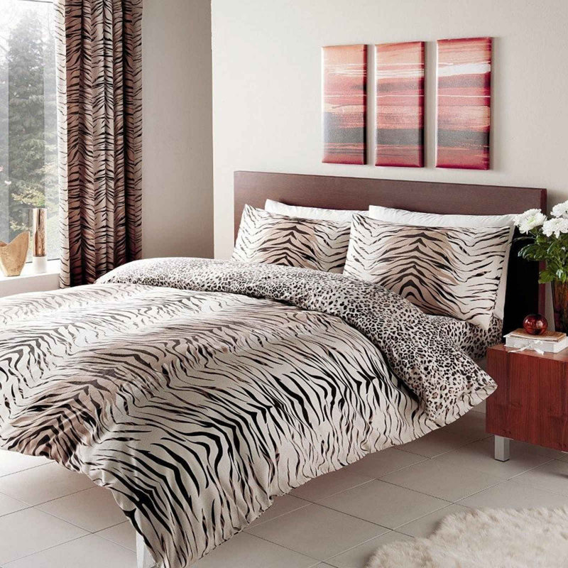 Safari Animal Print Reversible Duvet Cover Set - Soft Polycotton Bedding with Pillowcases Zebra & Leopard Design, Brown, King
