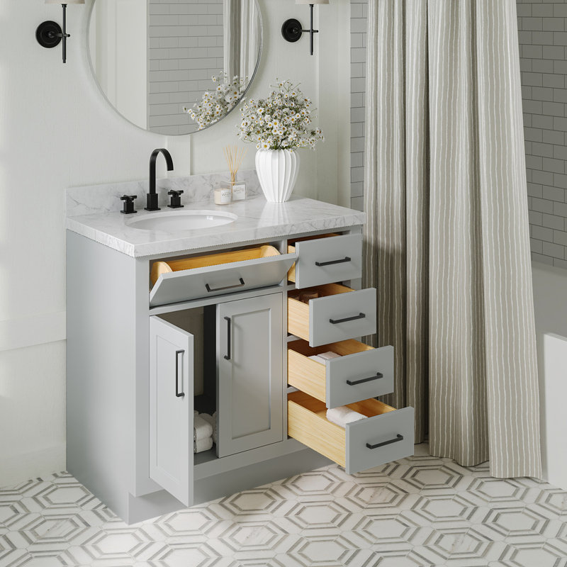 Meuble-lavabo simple en bois massif 36 po Tidworth avec plateau en marbre de Carrare 1,5 po, Gauche, Ovale, Gris