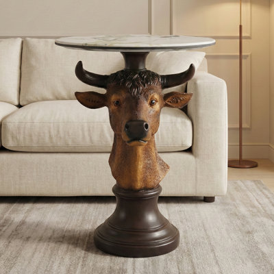 Table d'appoint tête de taureau, table de bout sculpture animalière moderne, table de chevet en résine robuste de 25,6 po, décoration murale unique pour bureau, salon et bar - bronze