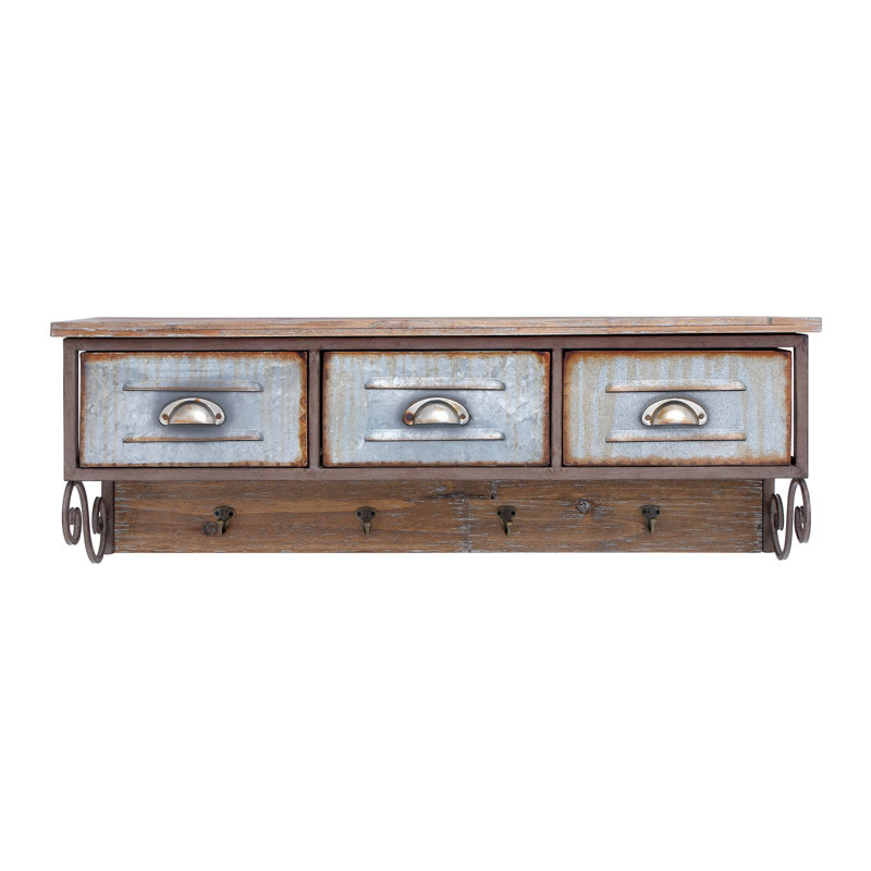 Rustic Brown Fir Wood and Iron Wall Organizer
