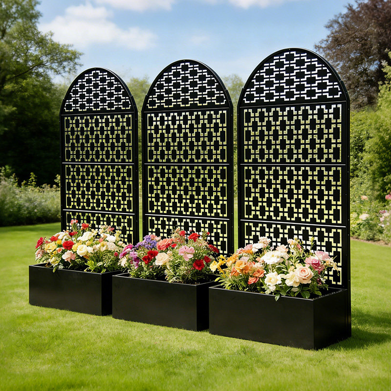 70.87" Tall Metal Arched Privacy Screen with Planter Box, Freestanding Decorative Fence Planter for Patio Balcony Backyard