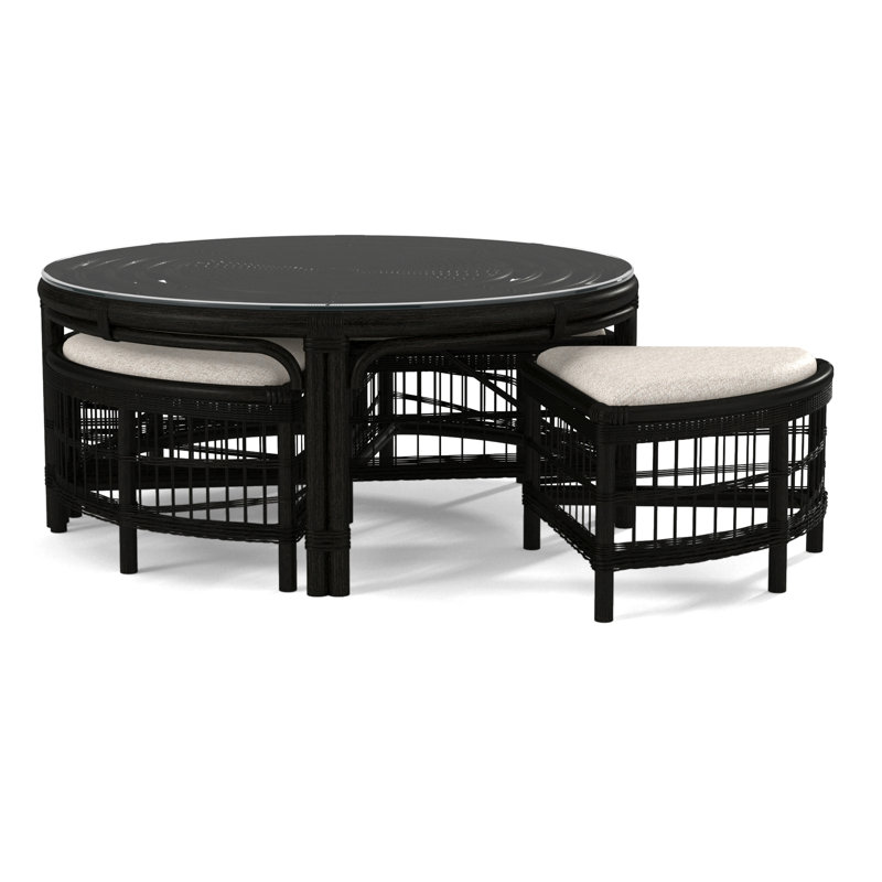 Raffles Rattan Cocktail Table with Benches, Antique Black, Snow Crypton Performance; 0884-91