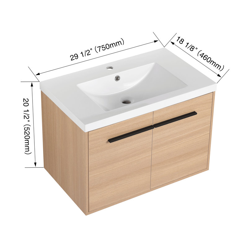 30" Single Floating Bathroom Vanity With Resin Basin Sink Top, Wall Mounted Bathroom Vanity With 2 Doors, Beige, 30"