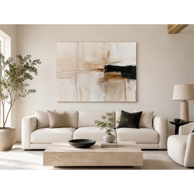 Beige neutre et noir neutre abstrait enveloppé Isaack, 48" W x 36" H x 1.5" D