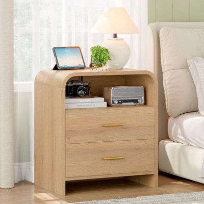 Oak Night Stand With 2 Drawers, Modern Bedside Table With Charging Station, 23.6'' Wide Wood End Table For Bedroom, Curved Profile Design (1PC)