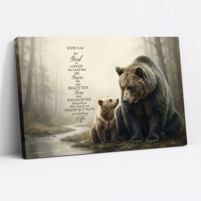 Brown Bear and Cub in Misty Forest with John 3:16 Canvas Wall Art