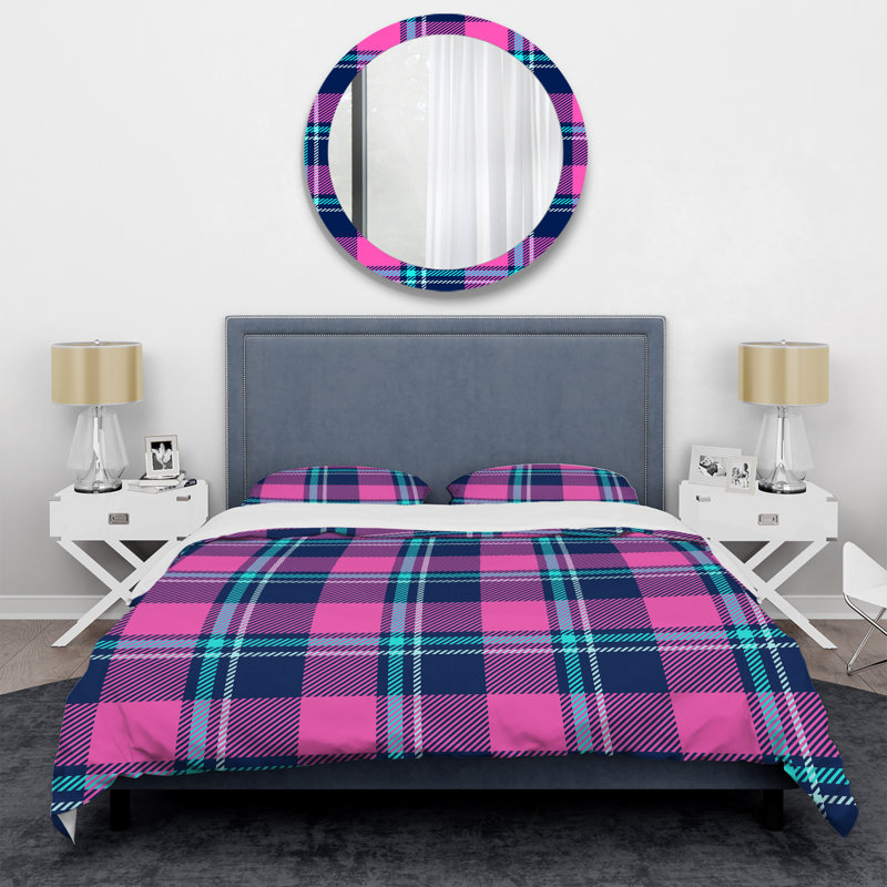 Pink Checked Tartan - Abstract Duvet Cover Set - Microfiber Polyester, King Duvet Cover + 2 King Shams
