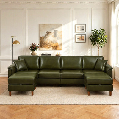 Canapé d'angle de 305 cm avec deux poufs de rangement amovibles, canapé d'angle en similicuir respirant, canapé en similicuir