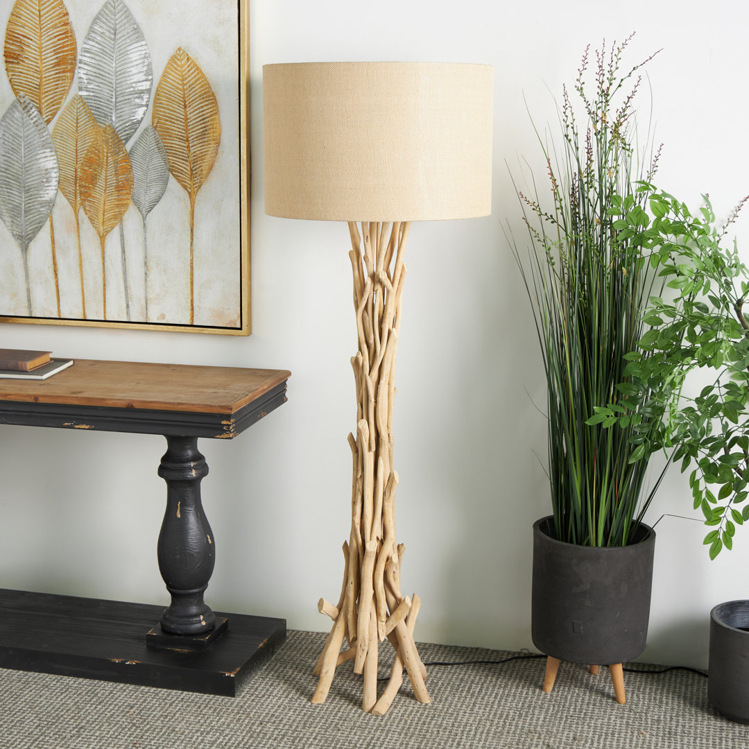Driftwood Handmade Room Floor Lamp with Beige Linen Shade Loon Peak®