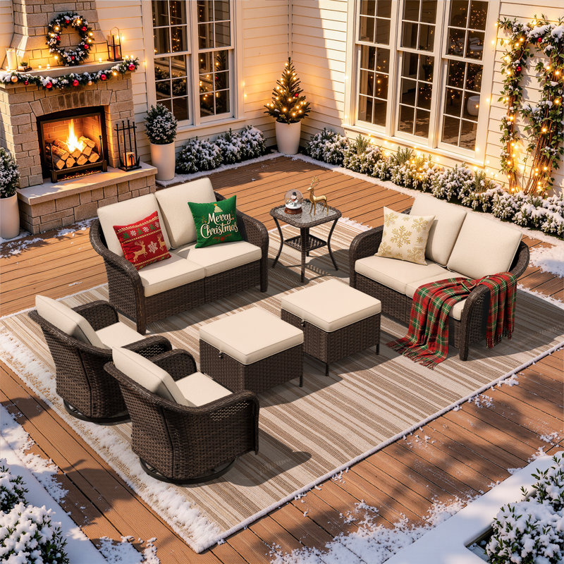 Ensemble de patio Alderwood 3 pièces en résine tressée PE résistant aux intempéries, canapé 3 places et 2 poufs avec coussins beiges