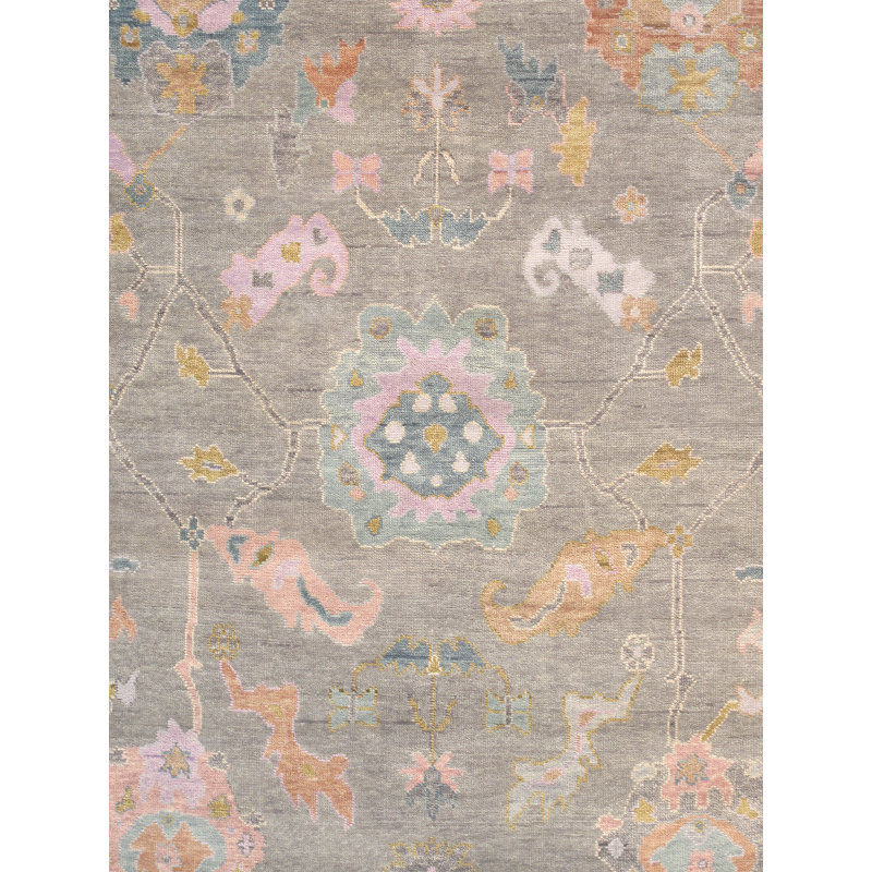 Oushak Hand Knotted Wool Floral Area Rug in Silver / Grey, Rectangle 7'11" x 9'10"