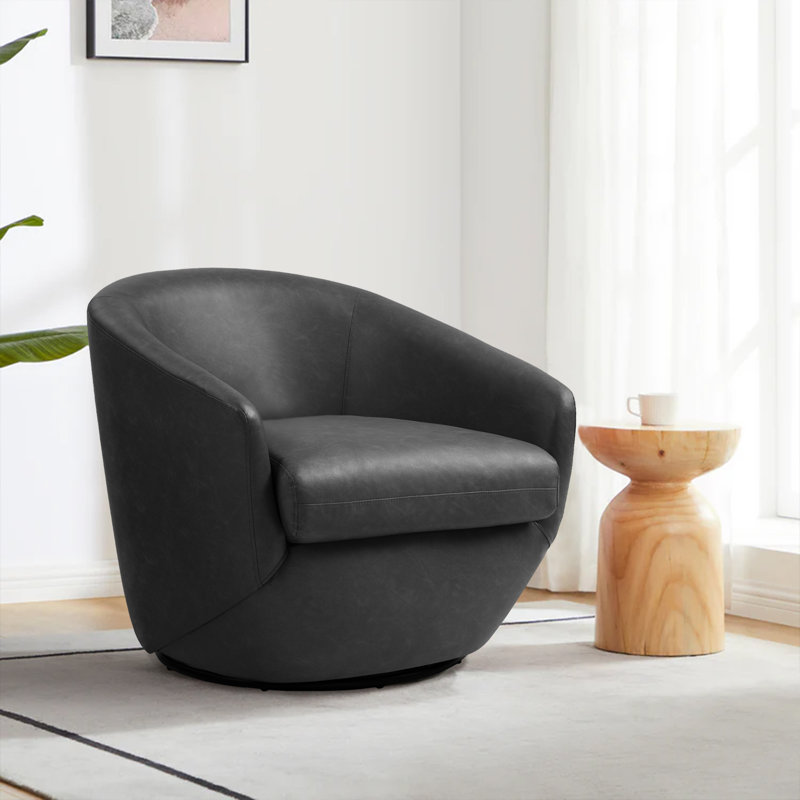 Aunna Faux Leather Swivel Barrel Chair, Black Faux Leather